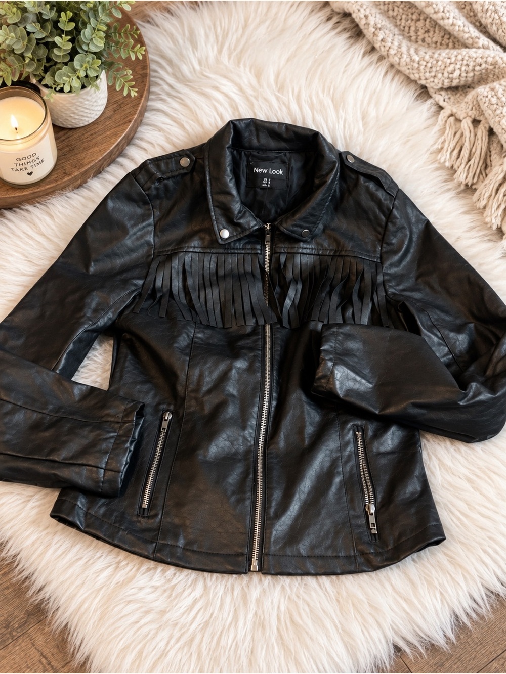 New Look Black Faux Leather Fringe Moto Jacket
